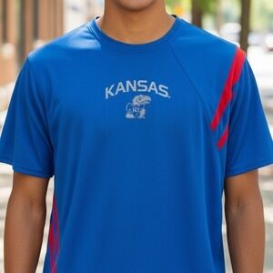 NCAA‎ Kansas Jayhawks Blue Performance T-Shirt Red Stripes Mens Large KU